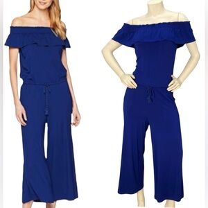 LAUREN RALPH LAUREN Royal Cobalt Blue Off Shoulder Flounce Soft Crop Jumpsuit,XS